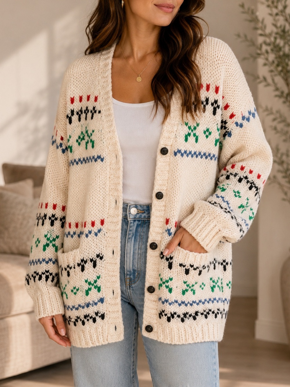 By Together Fair Isle Chunky Knit Cardigan Sweater